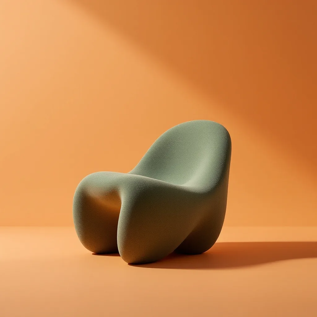 A sculptural pine-green chair photographed in a warm apricot studio